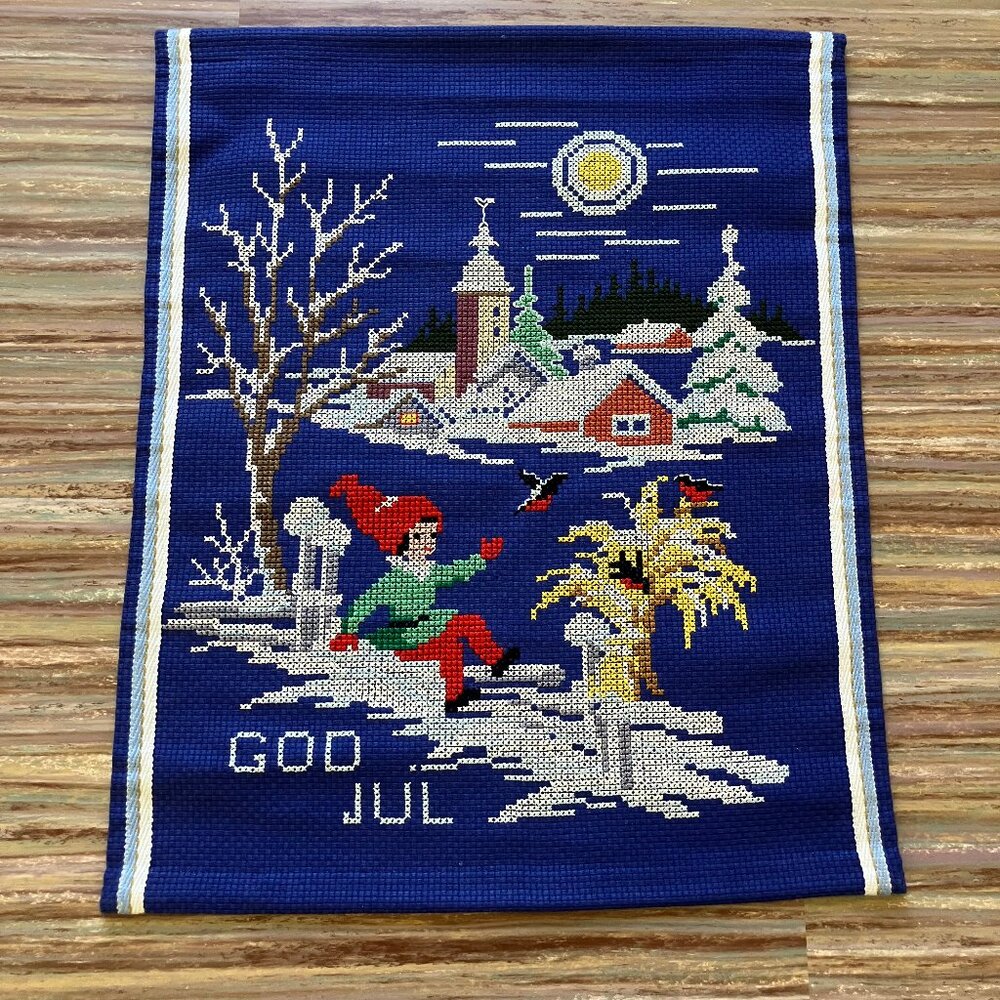 God Jul Embroidered Wall Tapestry Banner Vtg Xmas Holiday Completed Embroidery